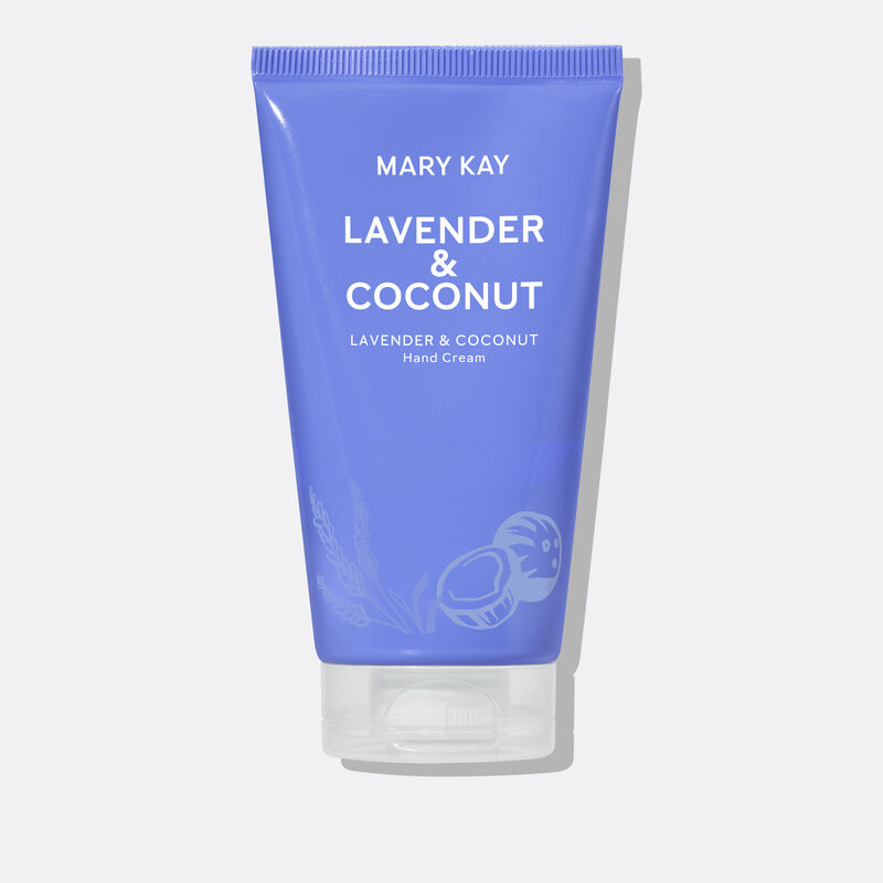 Purple hand cream tube with lavender and coconut illustrations on it.&nbsp;