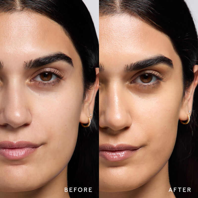 Model before and after showing TimeWise 3D Foundation Luminous finish payoff in shade Medium 12