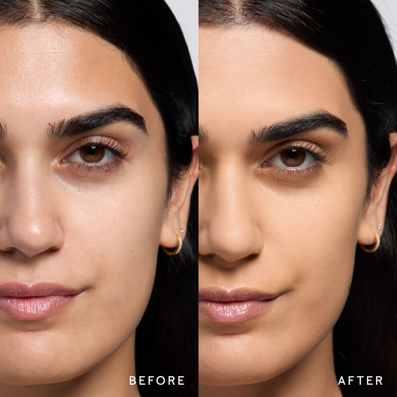 Model before and after showing TimeWise 3D Foundation Matte finish payoff in shade Medium 12