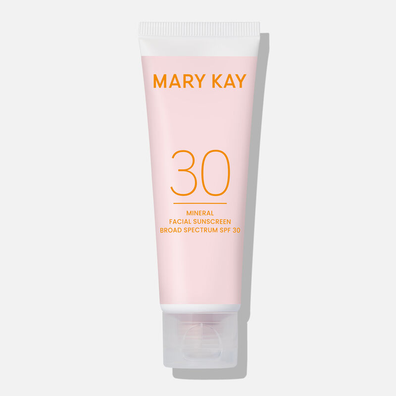 Bottle of Mary Kay Mineral Facial Sunscreen Broad Spectrum SPF 30* standing on its cap