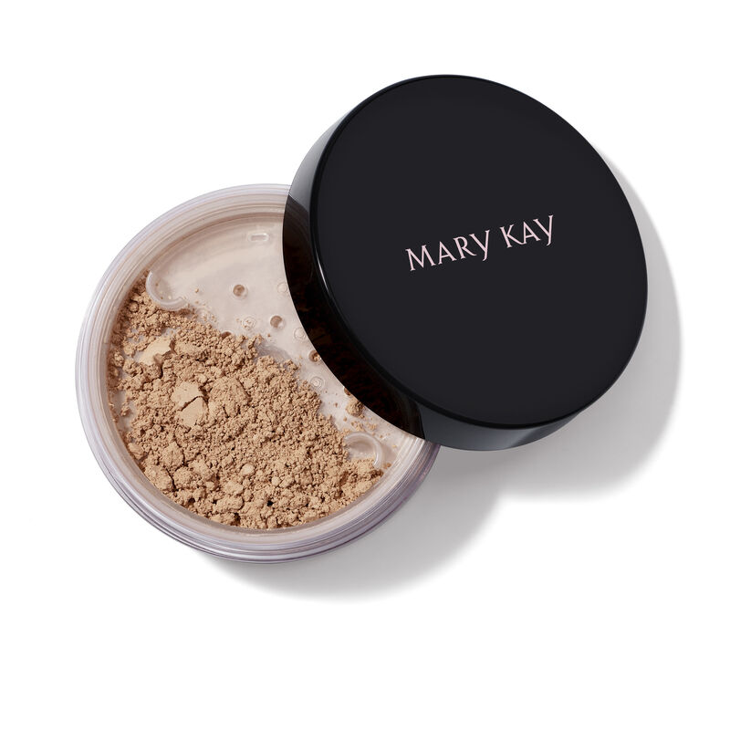 Open jar of Mary Kay Silky Setting Powder in Light-to-Medium Beige