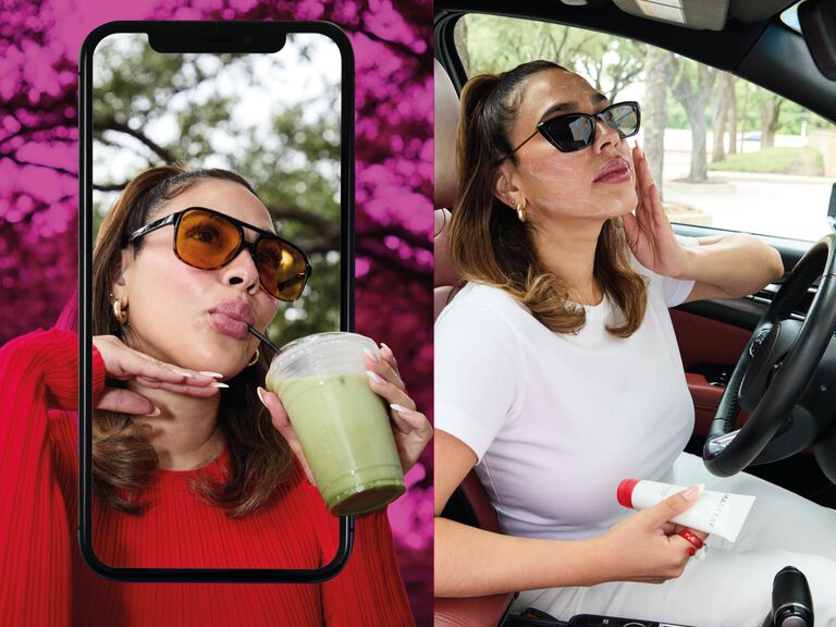 Emprendedora Mary Kay en su carro y tomando un matcha