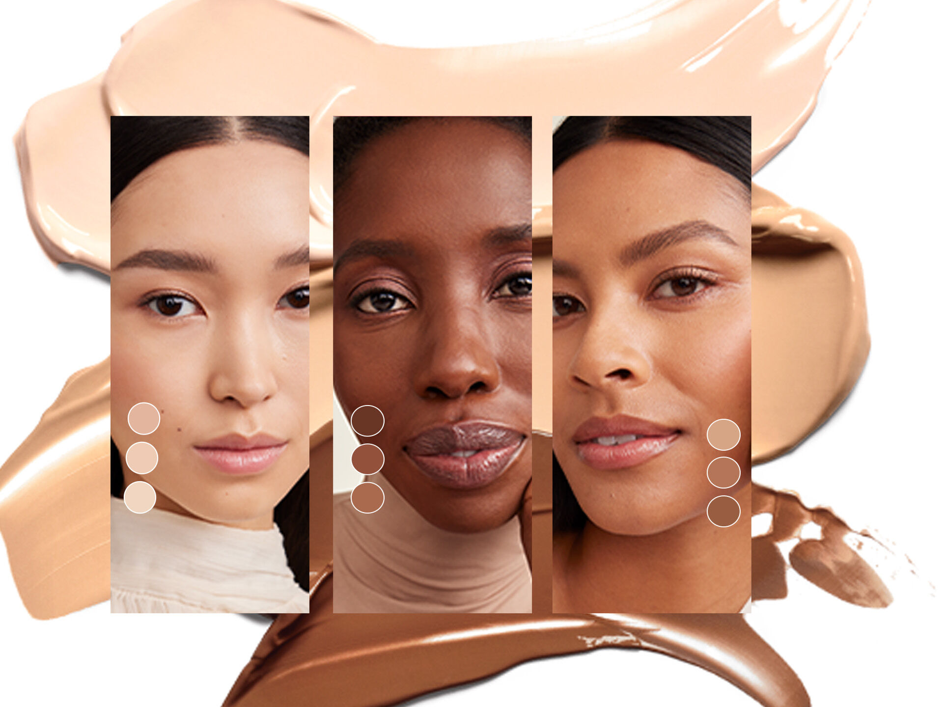 Tres modelos en marcos separados, con muestras de productos Mary Kay de fondo.