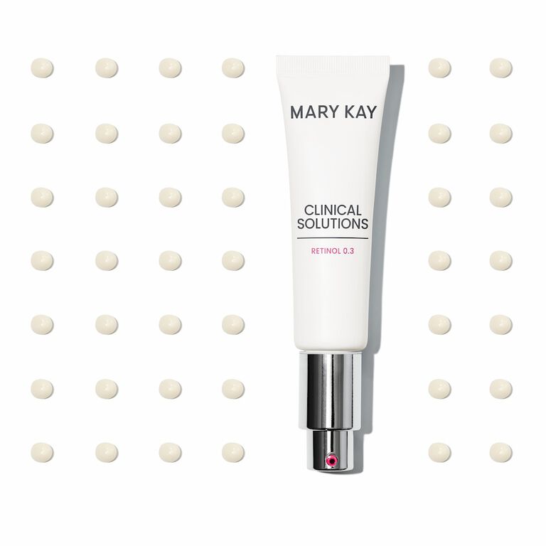 El Suero Facial Retinol 0.3 Mary Kay&reg; Clinical Solutions&reg; con los puntos del suero alrededor.